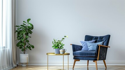 Chic Scandinavian Living Room Design with Vintage Navy Blue Armchair, Sky Blue Throw Pillows, Gold Coffee Table, and Green Plant Accents