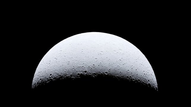 Icy moon half-lit in dark space, background black