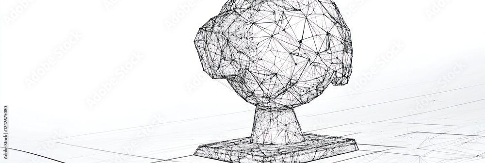 Poster abstract wireframe sphere model on a base, detailed 3d rendering.