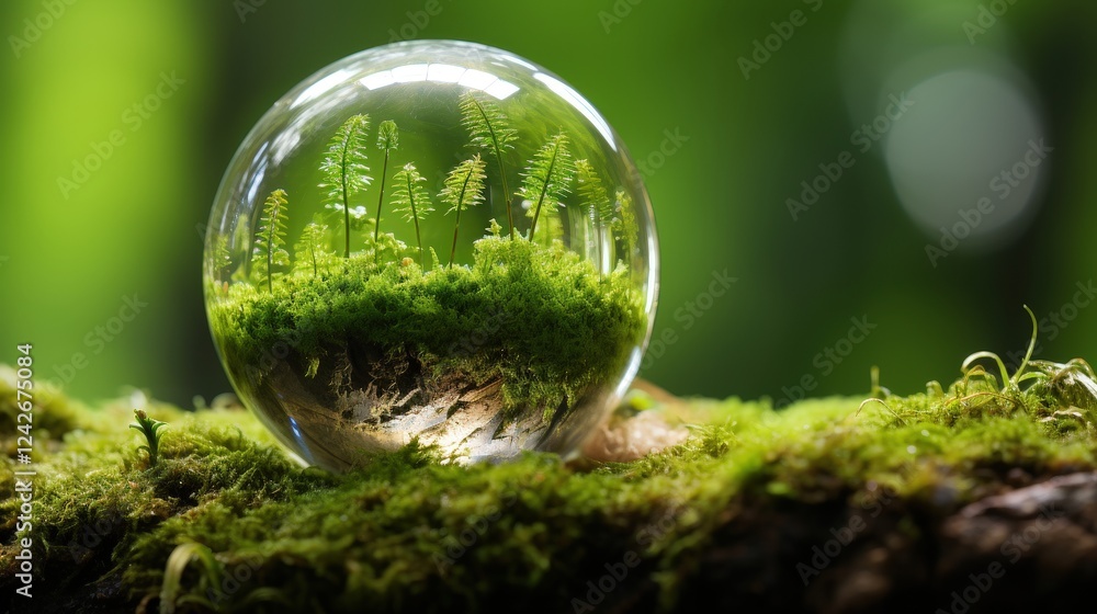 Poster glass globe displaying green moss and ferns captured in nature with soft background and tranquil atm
