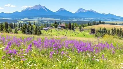 Obraz premium Summer Meadow, Mountain View, People Relaxing