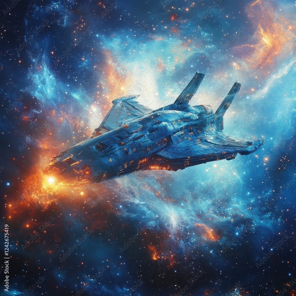 Poster spaceship navigating a cosmic nebula in deep space