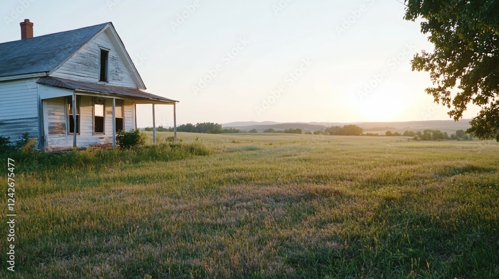 Poster Abandoned farmhouse sunset prairie landscape