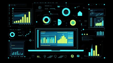 Obraz premium Laptop displaying various data charts and graphs with a futuristic interface.