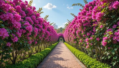 Obraz premium Beautiful garden path surrounded by trees and pink flowers in the garden