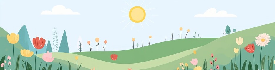 Fototapeta premium Sunny spring meadow landscape with colorful flowers and rolling hills.