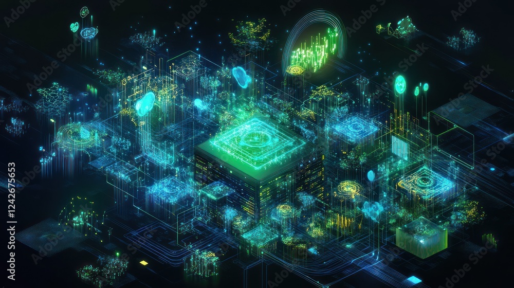 Poster futuristic digital data center with glowing nodes and connections.