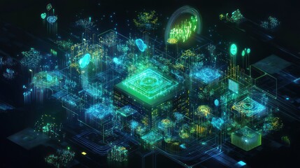Futuristic digital data center with glowing nodes and connections.