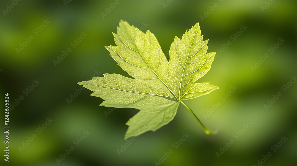 Poster a single maple leaf: a delicate maple leaf, vibrant green with a subtle hint of yellow, floats gentl