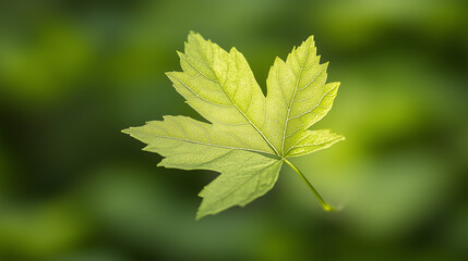 A Single Maple Leaf: A delicate maple leaf, vibrant green with a subtle hint of yellow, floats gently against a blurred backdrop of verdant foliage, capturing the essence of nature's artistry.