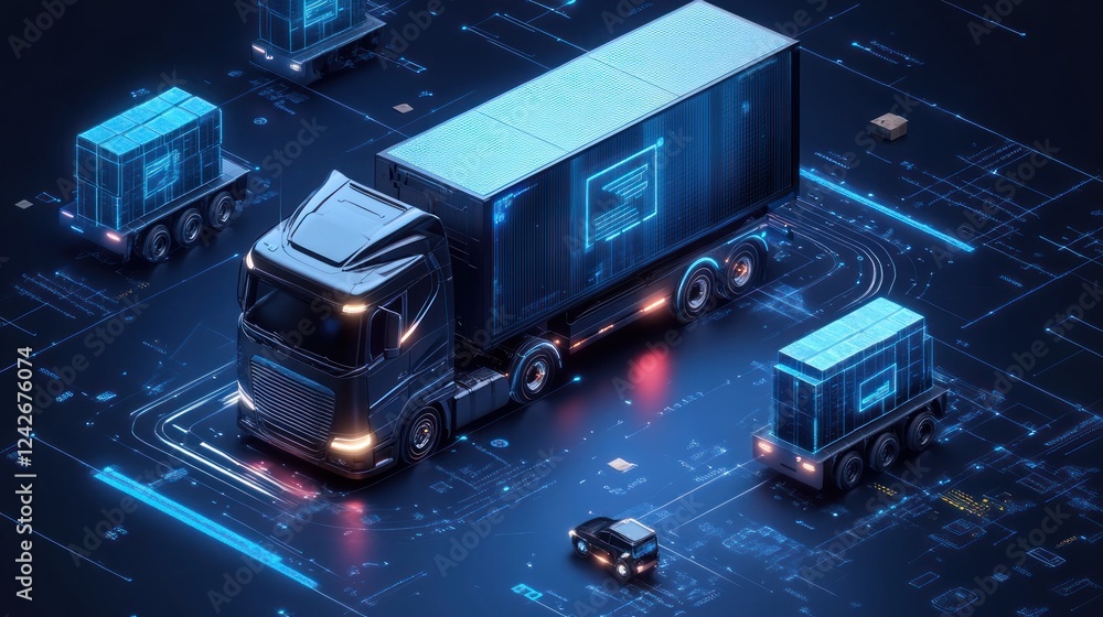 Poster futuristic delivery trucks with digital interface navigating a network.