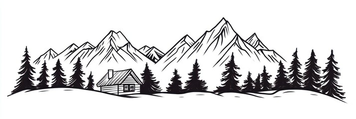 Fototapeta premium Mountain Cabin Winter Landscape Silhouette Art