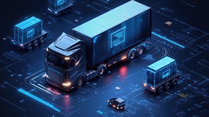 Futuristic delivery trucks with digital interface navigating a network.