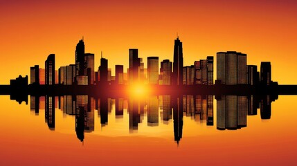 City skyline silhouette reflected in calm water at sunset.
