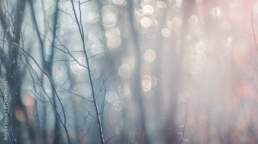 Poster textured bark with soft bokeh effect creates serene atmosphere, showcasing delicate branches against