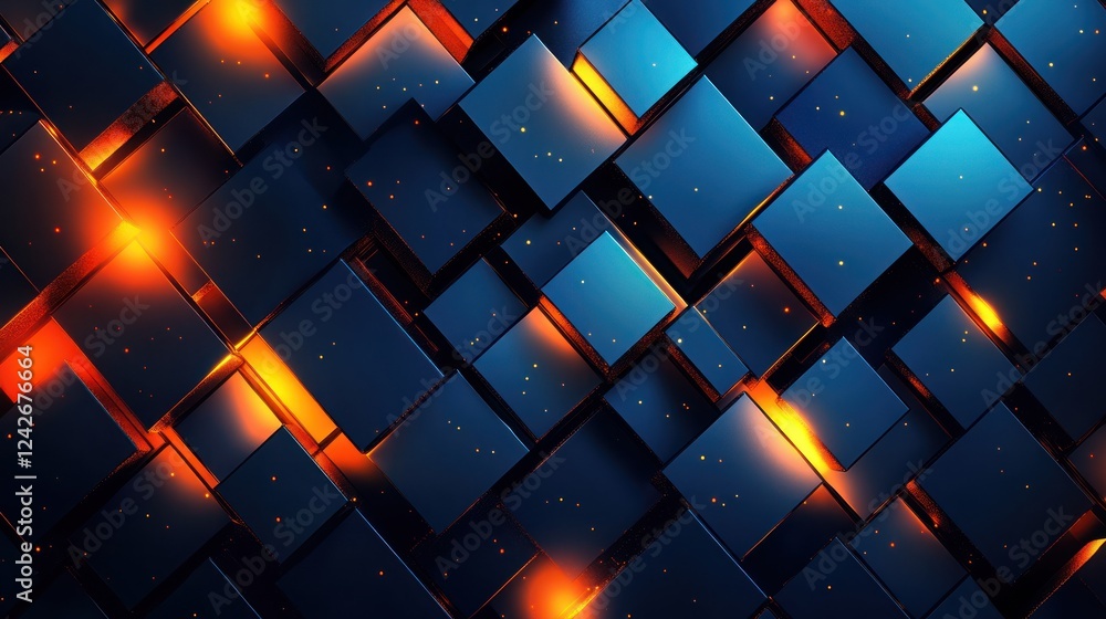 Poster abstract 3d blue cubes with orange glows, design element for web backgrounds and tech presentation