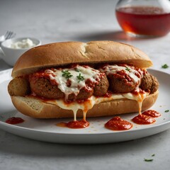 Comforting Meatball Sub with Marinara Sauce for a Hearty Meal
close up sandwich on the dish with plain backgrounds
