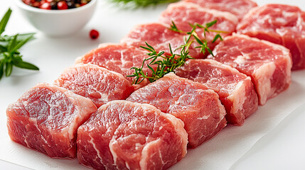 High-Resolution Ultra-Realistic Raw Pork Close-Up &ndash; Fresh Marbled Meat with Delicate White Fat, Vibrant Pinkish-Red Hue, Glistening Under Bright Lighting on a Clean White Background 
