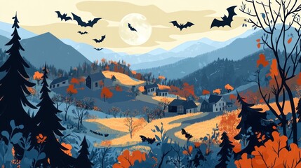 Autumnal mountain village scene at night with bats flying under a full moon.