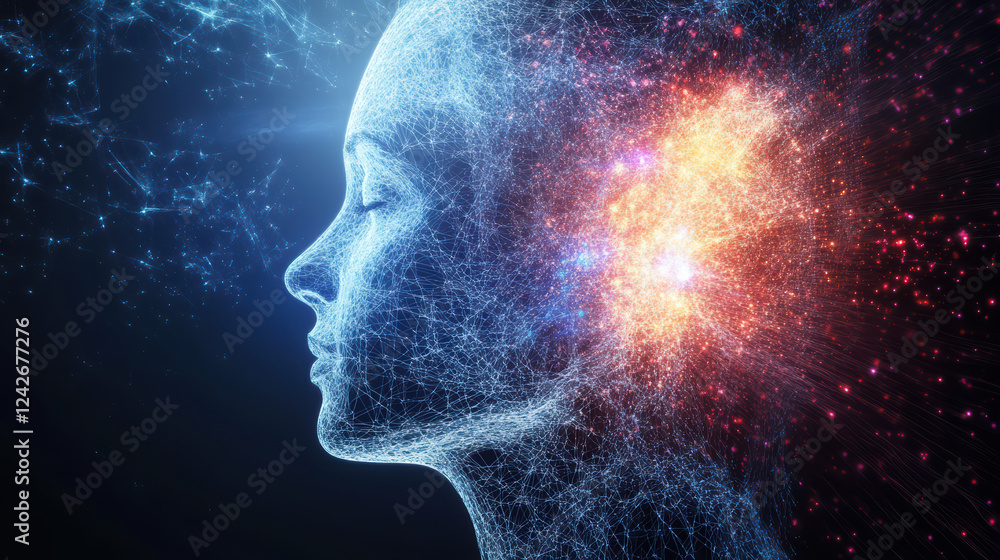 Poster digital representation of human head composed of interconnected lines and nodes, symbolizing virtual