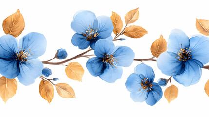Blue Flowers, Golden Leaves: Watercolor Art