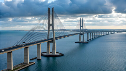 Obraz premium Spectacular Aerial Shot of a Contemporary Suspension Bridge Over Serene Waters