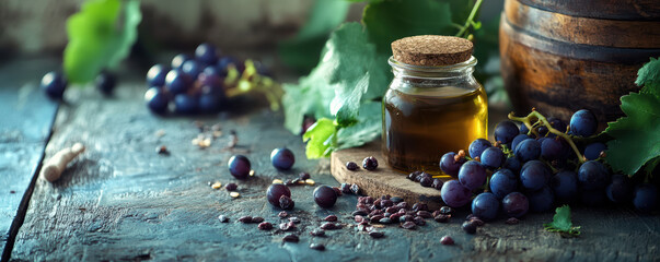Rustic composition of organic grape seed oil with fresh grapes and seeds, creating natural and healthy ambiance. Perfect for wellness and culinary themes