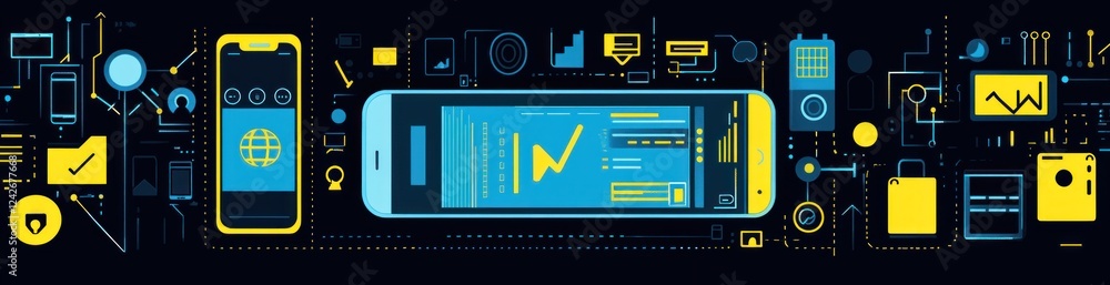 Poster mobile phone screen displaying financial data, surrounded by various digital icons and connection li