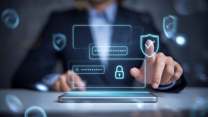 businessman pressing the virtual button MFA, multi-factor authentication. cloud computing concept, cloud technology, Saas, Paas, Iaas. AWS Services, ips, SSL, mfa, 2fa