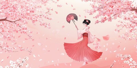 Geisha Dancing Amidst Falling Cherry Blossoms