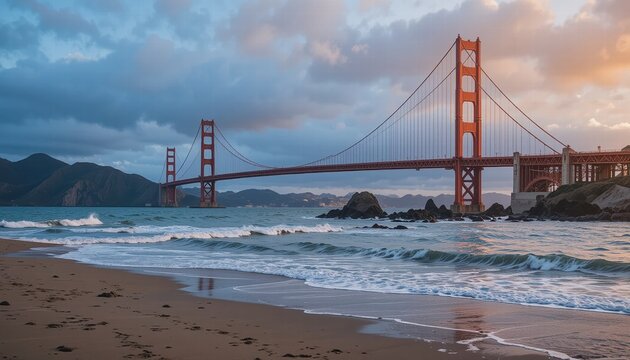 Golden Gate Bridge in San Francisco at sunset with a scenic view of the bay and city skyline