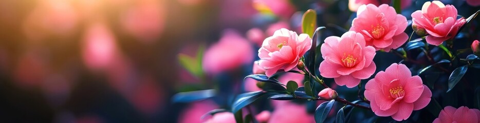 Fototapeta premium Pink camellia blossoms in sunlight.