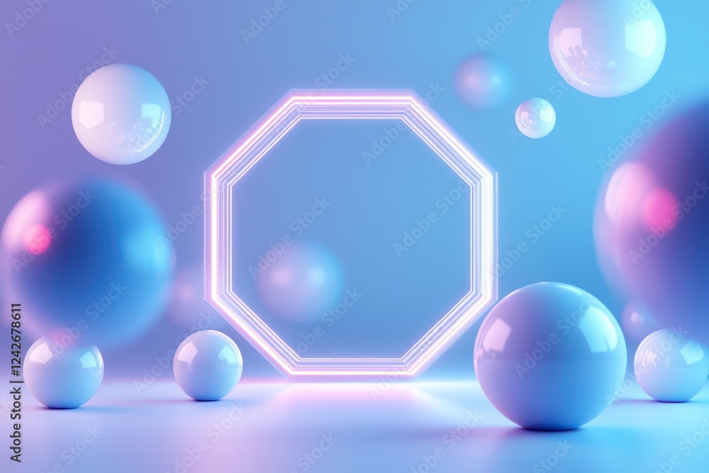 Aufkleber enclosed by a layered hexagonal neon blue frame with glowing spheres, a badge mockup appears in a so