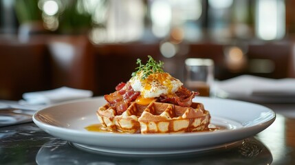 Delicious Waffles with Bacon and Eggs Served in a Gourmet Style