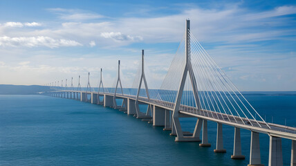 Fototapeta premium Stunning Cable-Stayed Bridge Over Blue Ocean Under Clear Sky