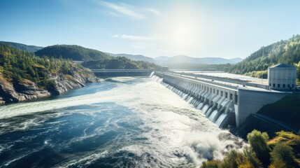 Obraz premium Panoramic View of a Sunny Day at a Dam with Flowing Water and Lush Greenery in a Serene Landscape