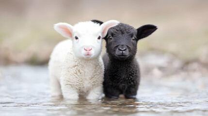 Obraz premium Two lambs, black and white, standing in shallow water, spring background, farm animals