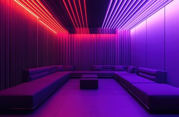 Modern lounge, neon lights, purple ambiance, relaxation space, interior design