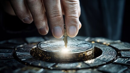 Hand inserting key into futuristic lock; unlocking secrets, security, technology