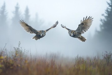 Obraz premium Two great horned owls in flight, facing each other over foggy autumn landscape.
