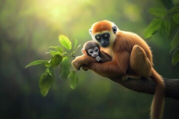 Obraz premium A mother monkey tenderly cradles her baby on a tree branch, sunlight filtering through the leaves.
