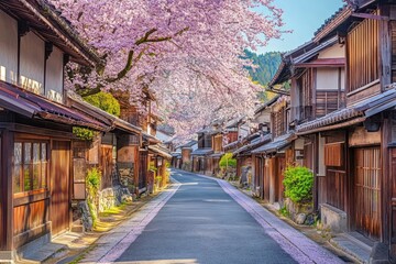 Scenic spring street in Japan with cherry blossoms arching over traditional wooden houses.