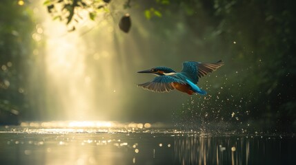 A vibrant kingfisher in flight over a tranquil river, sunlight streaming through the lush green foliage.