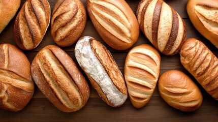 Assorted Freshly Baked Bread Loaves on Wooden Table with Unique Textures and Patterns