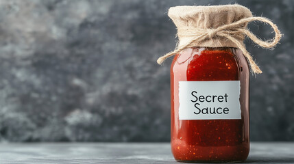 Secret Sauce in Glass Jar: A tantalizing glimpse of a secret sauce recipe, bottled in a rustic glass jar with a hand-tied burlap lid and a simple handwritten label that reads "Secret Sauce.