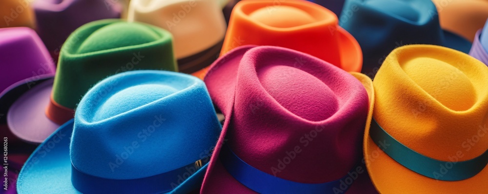 Poster row of neatly arranged, vibrant hats displays the exquisite craftsmanship of a milliner's shop windo