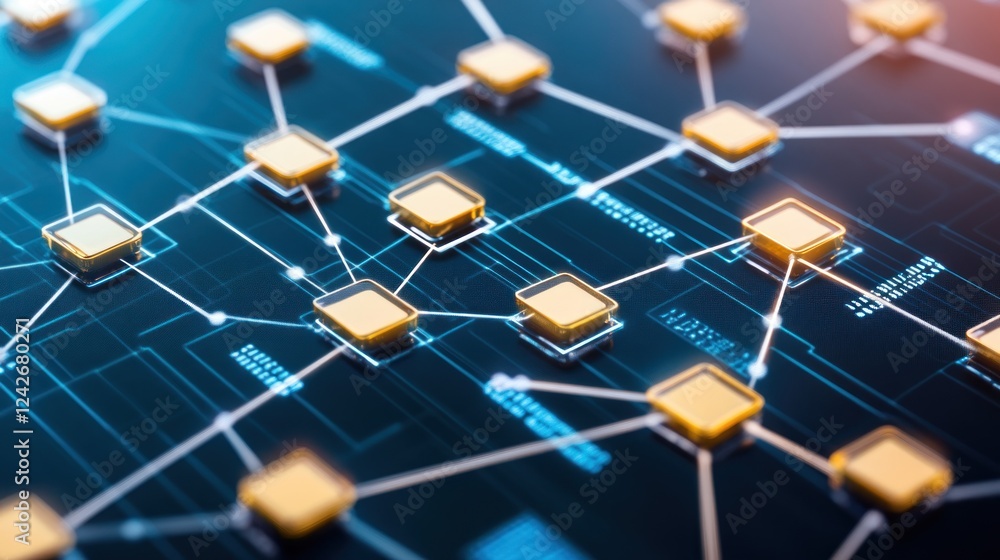 Poster abstract digital network: interconnected golden nodes on a circuit board