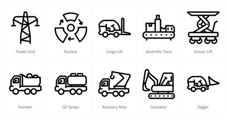 Fototapeta premium A set of 10 industry icons as power grid, nuclear, cargo lift
