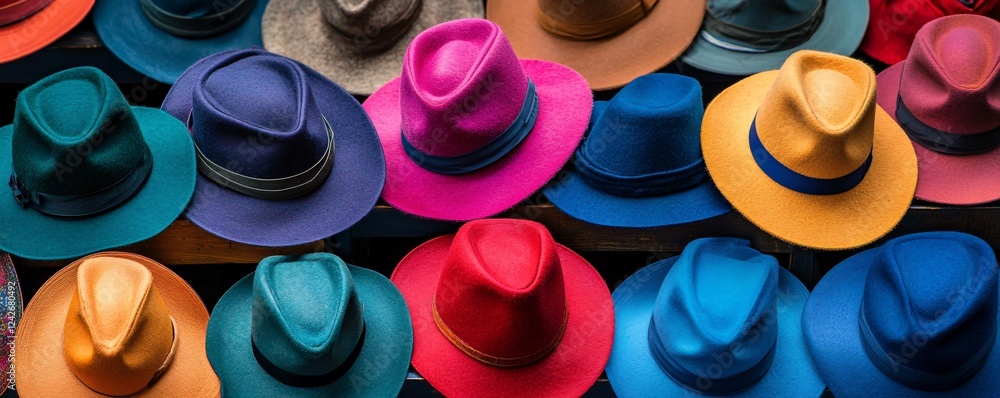 Poster many colorful hats are sitting on a table, displaying fashion and style choices for customers