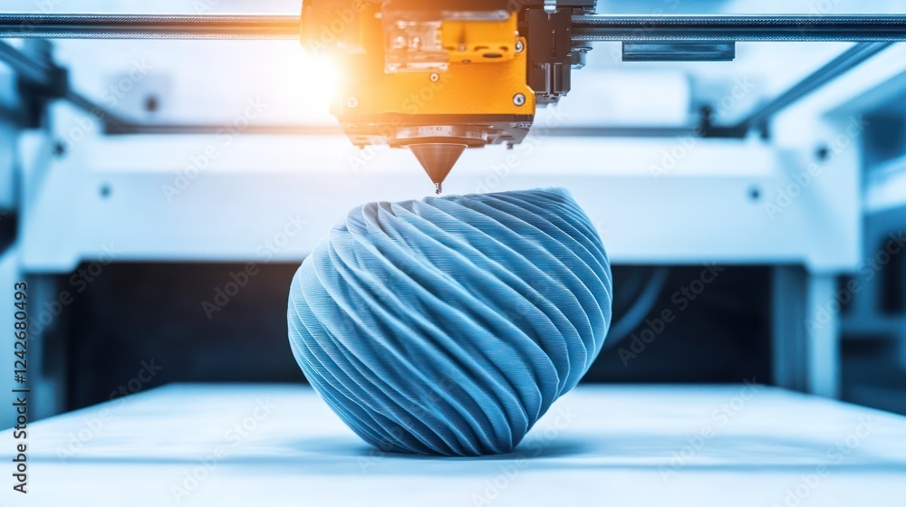 Poster 3d printing in action: innovative technology creating a blue sculpted object
